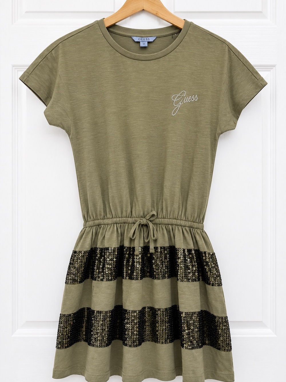 GUESS Girls Size 10 Olive Green Sequin Rhinestone T-Shirt Dress NWT